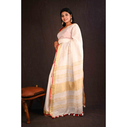 Isadora Life Womens Woven Tassels White Pre-Draped Saree With Unstitched Blouse