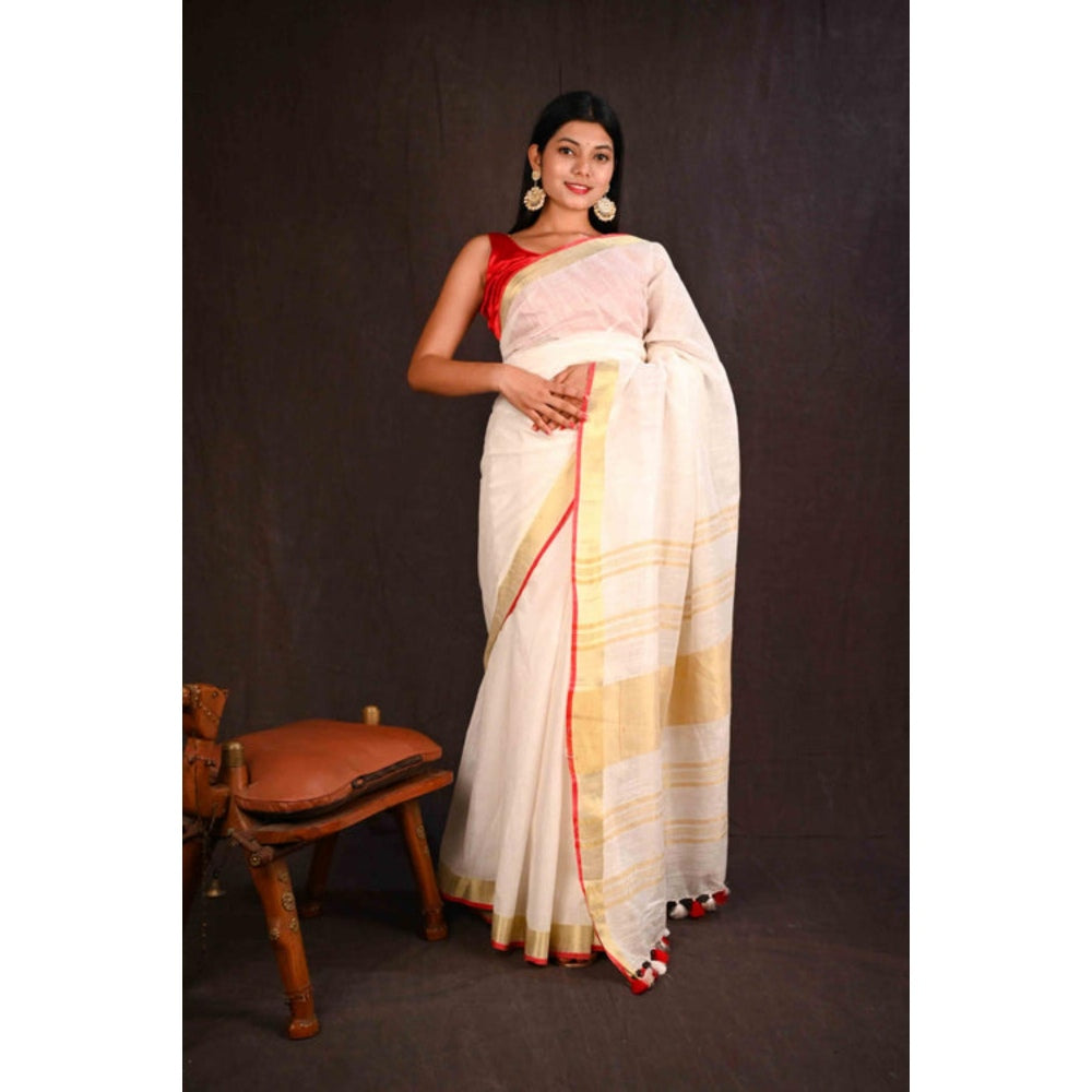 Isadora Life Womens Woven Tassels White Pre-Draped Saree With Unstitched Blouse