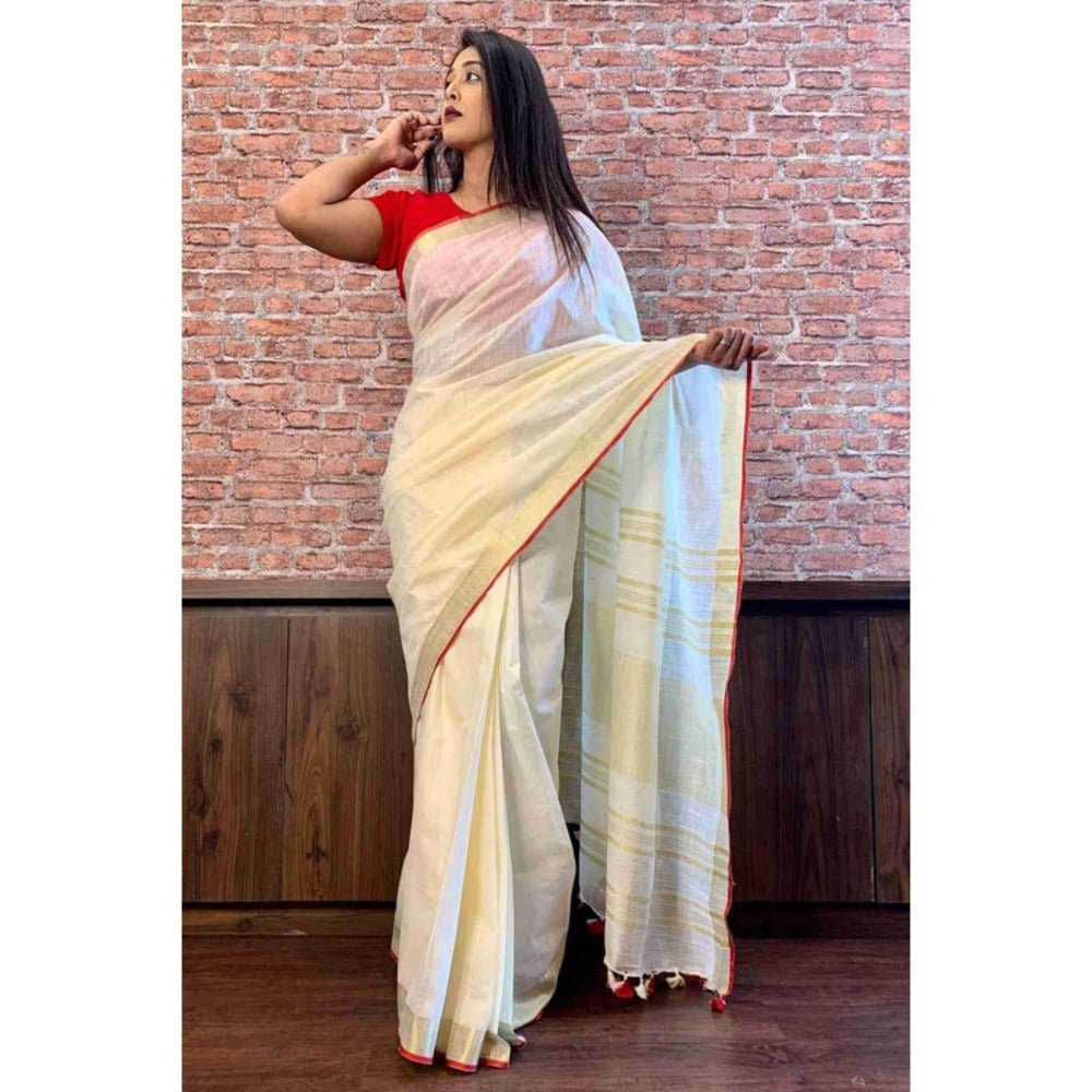 Isadora Life Womens Woven Tassels White Pre-Draped Saree With Unstitched Blouse