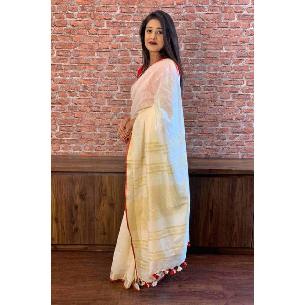 Isadora Life Womens Woven Tassels White Pre-Draped Saree With Unstitched Blouse