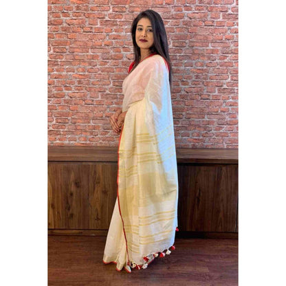Isadora Life Womens Woven Tassels White Pre-Draped Saree With Unstitched Blouse