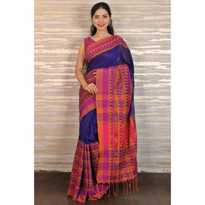 Isadora Life Womens Woven Tassels Blue Pre-Draped Saree With Unstitched Blouse