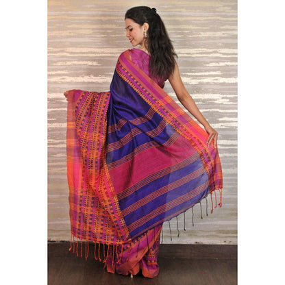 Isadora Life Womens Woven Tassels Blue Pre-Draped Saree With Unstitched Blouse