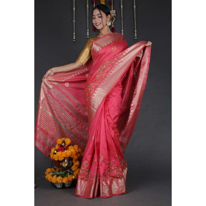 Isadora Life Womens Woven Embroidered Pink Pre-Draped Saree With Unstitched Blouse