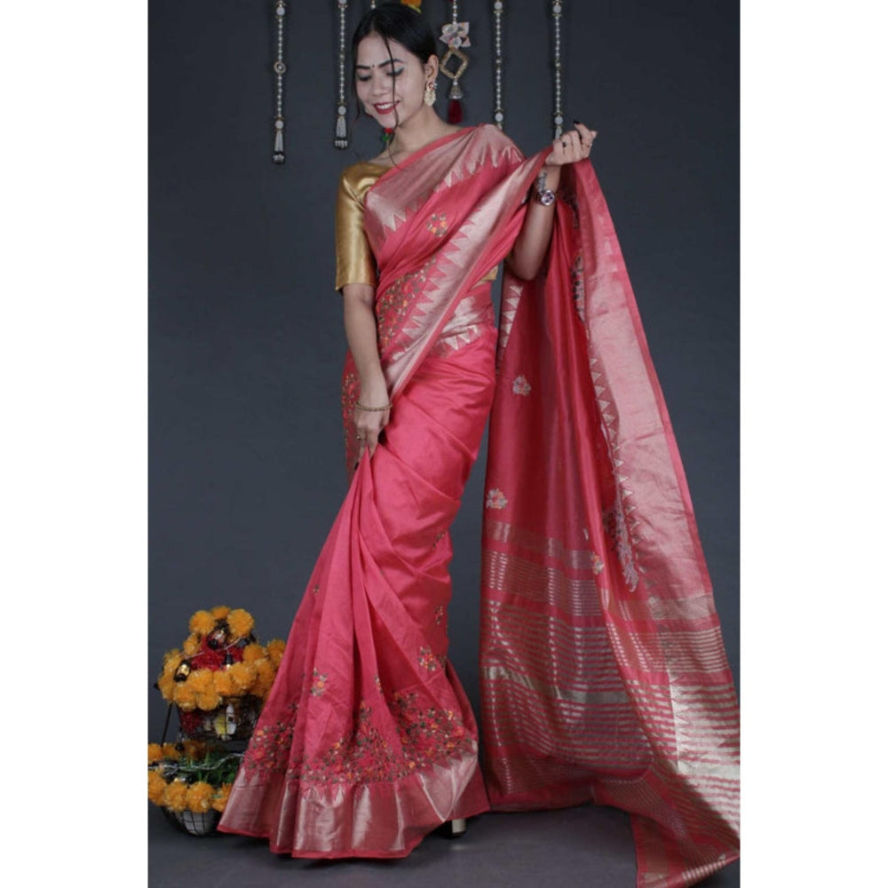 Isadora Life Womens Woven Embroidered Pink Pre-Draped Saree With Unstitched Blouse