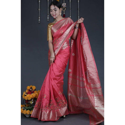 Isadora Life Womens Woven Embroidered Pink Pre-Draped Saree With Unstitched Blouse