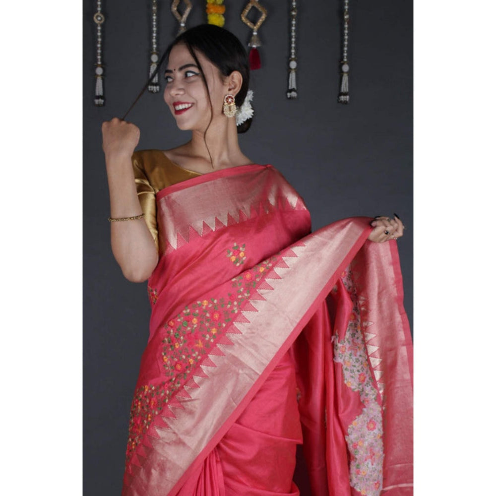 Isadora Life Womens Woven Embroidered Pink Pre-Draped Saree With Unstitched Blouse