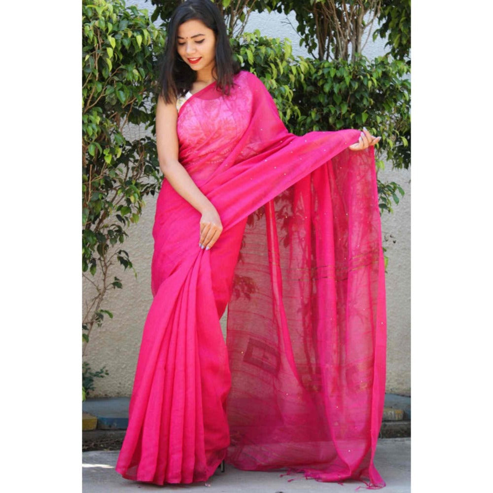 Isadora Life Womens Sequined Tassels Pink Pre-Draped Saree With Unstitched Blouse