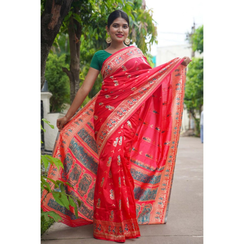 Isadora Life Womens Woven Zari Red Pre-Draped Saree With Unstitched Blouse