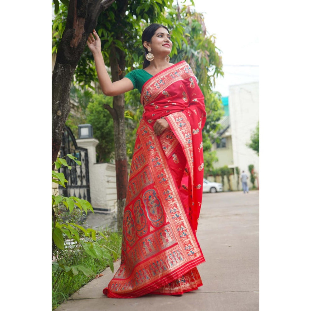 Isadora Life Womens Woven Zari Red Pre-Draped Saree With Unstitched Blouse