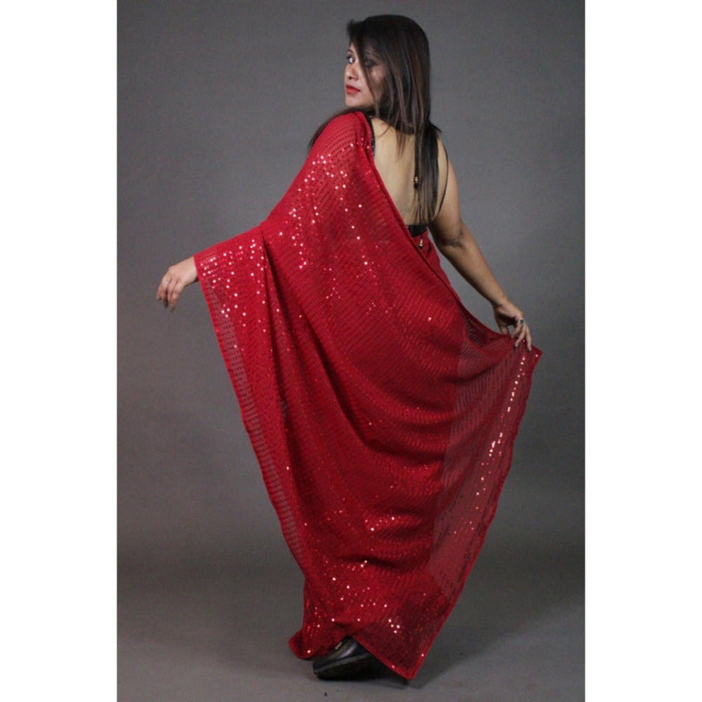 Isadora Life Womens Sequined Red Pre-Draped Saree With Unstitched Blouse