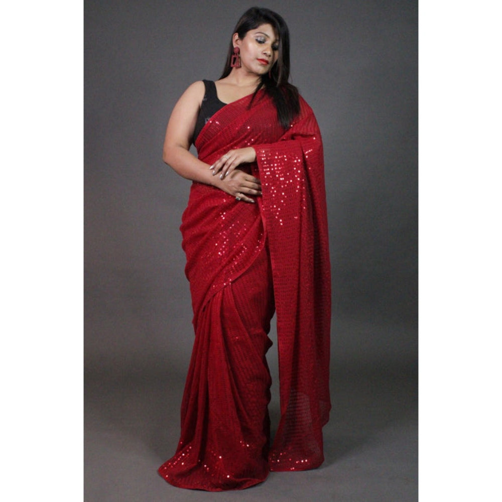 Isadora Life Womens Sequined Red Pre-Draped Saree With Unstitched Blouse