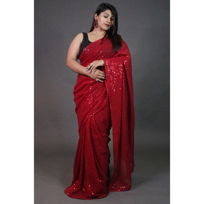 Isadora Life Womens Sequined Red Pre-Draped Saree With Unstitched Blouse
