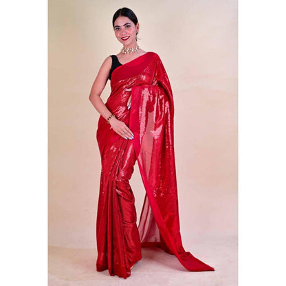 Isadora Life Womens Sequined Red Pre-Draped Saree With Unstitched Blouse
