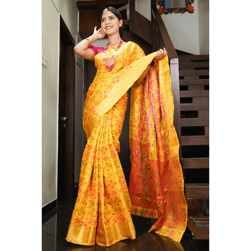 Isadora Life Womens Woven Zari Yellow Pre-Draped Saree With Unstitched Blouse