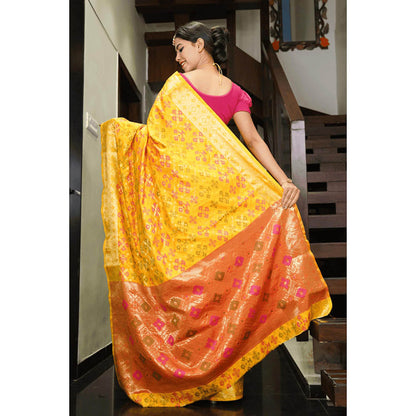 Isadora Life Womens Woven Zari Yellow Pre-Draped Saree With Unstitched Blouse