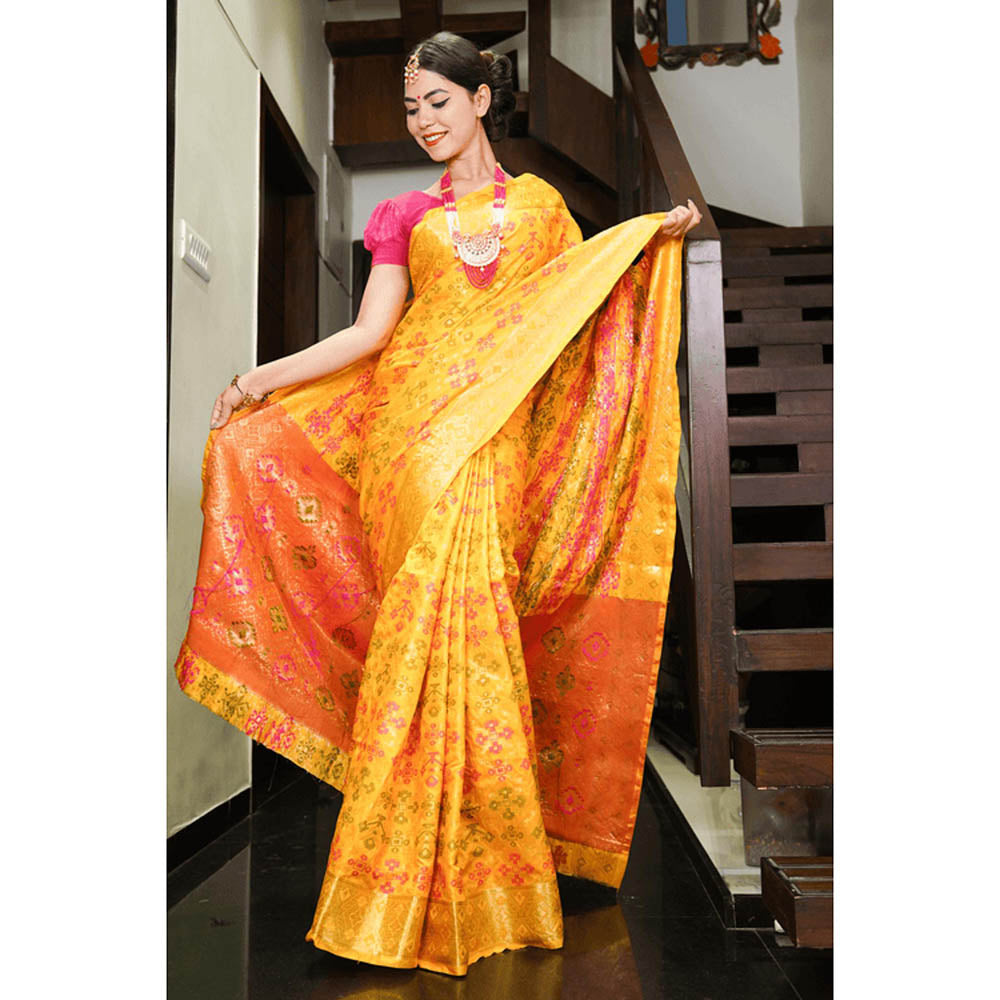 Isadora Life Womens Woven Zari Yellow Pre-Draped Saree With Unstitched Blouse
