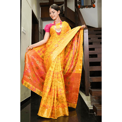 Isadora Life Womens Woven Zari Yellow Pre-Draped Saree With Unstitched Blouse