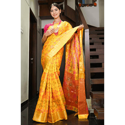 Isadora Life Womens Woven Zari Yellow Pre-Draped Saree With Unstitched Blouse