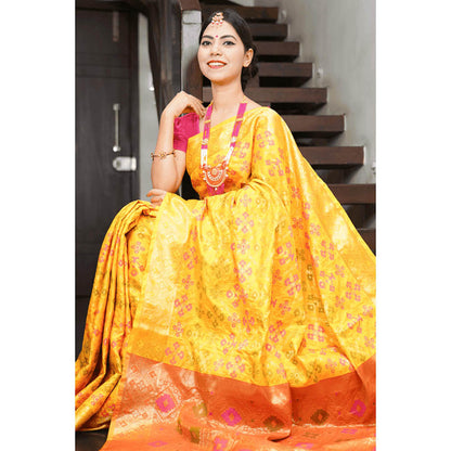 Isadora Life Womens Woven Zari Yellow Pre-Draped Saree With Unstitched Blouse