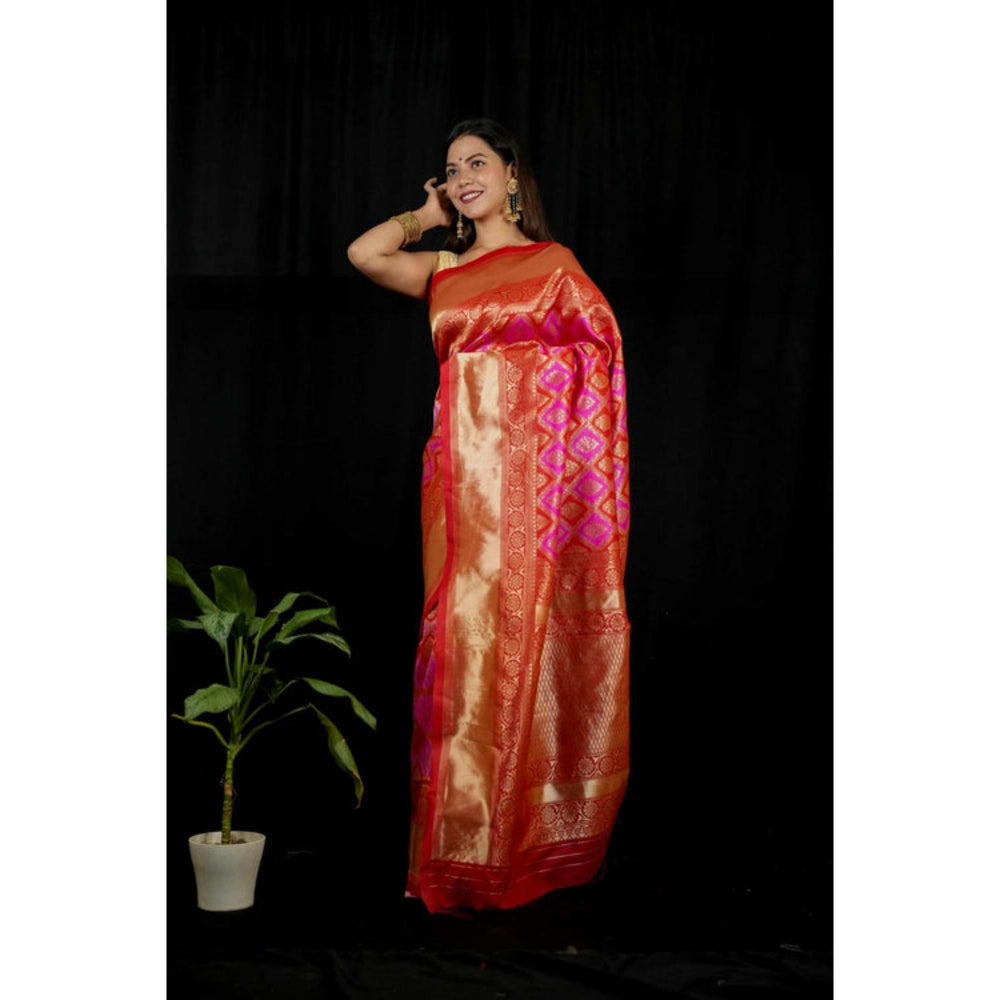 Isadora Life Womens Woven Zari Pink Pre-Draped Saree with Unstitched Blouse