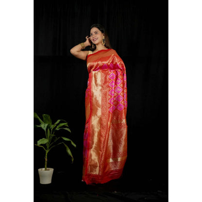 Isadora Life Womens Woven Zari Pink Pre-Draped Saree with Unstitched Blouse