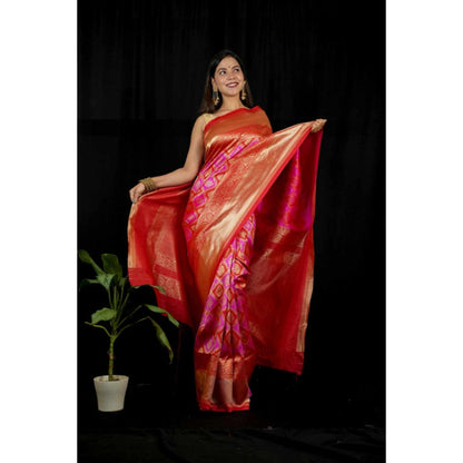 Isadora Life Womens Woven Zari Pink Pre-Draped Saree with Unstitched Blouse