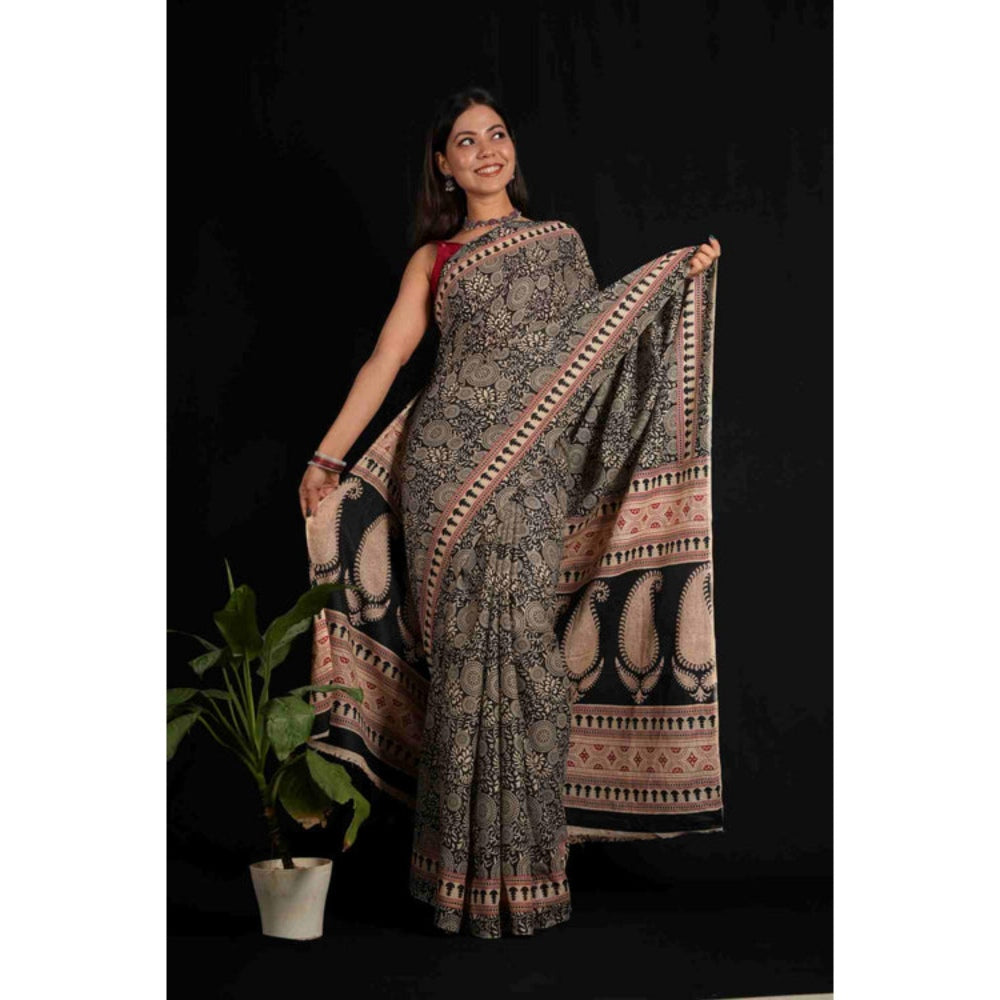 Isadora Life Womens Block Print Black Pre-Draped Saree with Unstitched Blouse