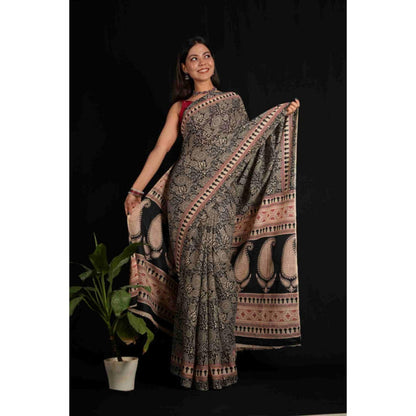 Isadora Life Womens Block Print Black Pre-Draped Saree with Unstitched Blouse