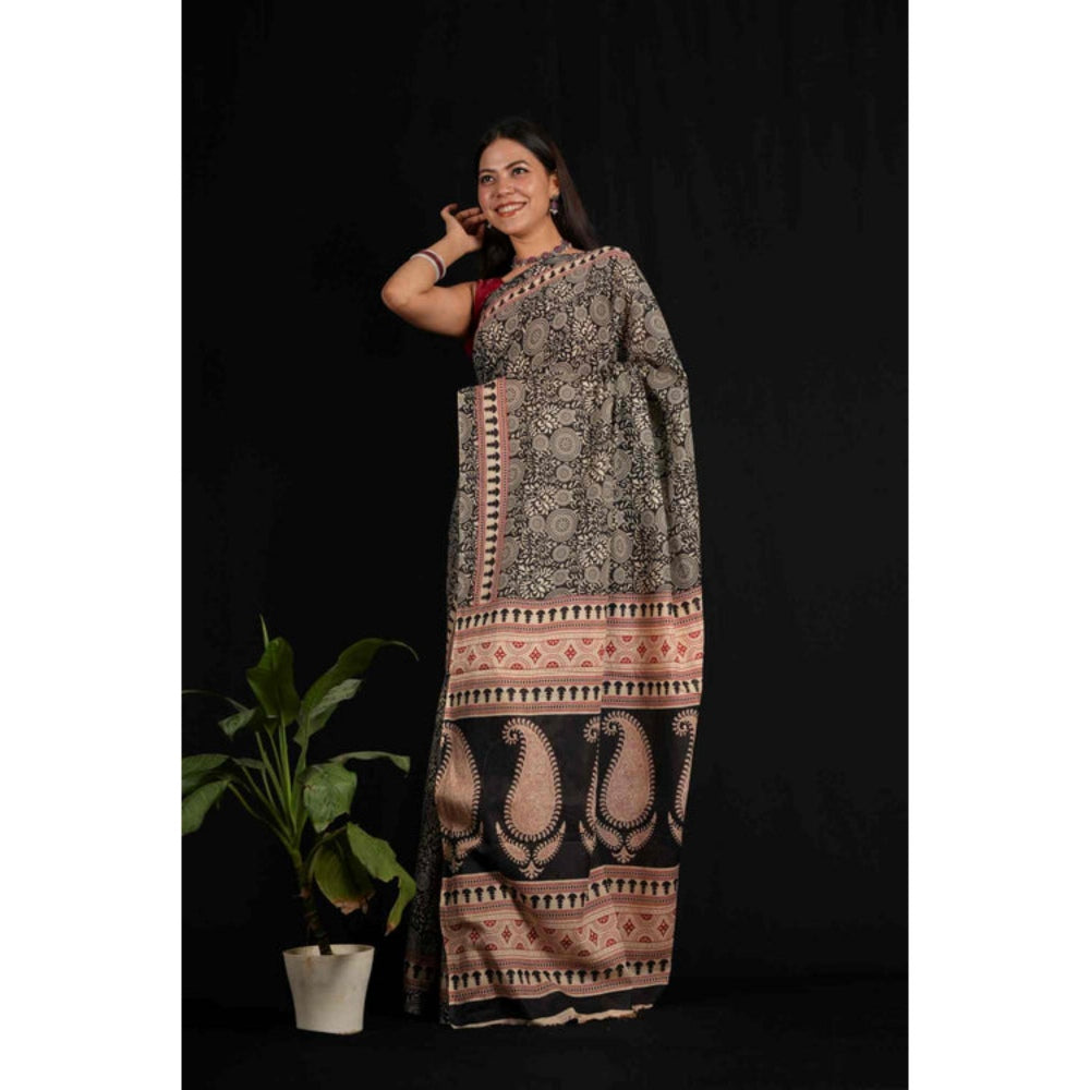 Isadora Life Womens Block Print Black Pre-Draped Saree with Unstitched Blouse