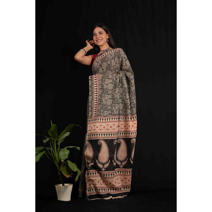 Isadora Life Womens Block Print Black Pre-Draped Saree with Unstitched Blouse