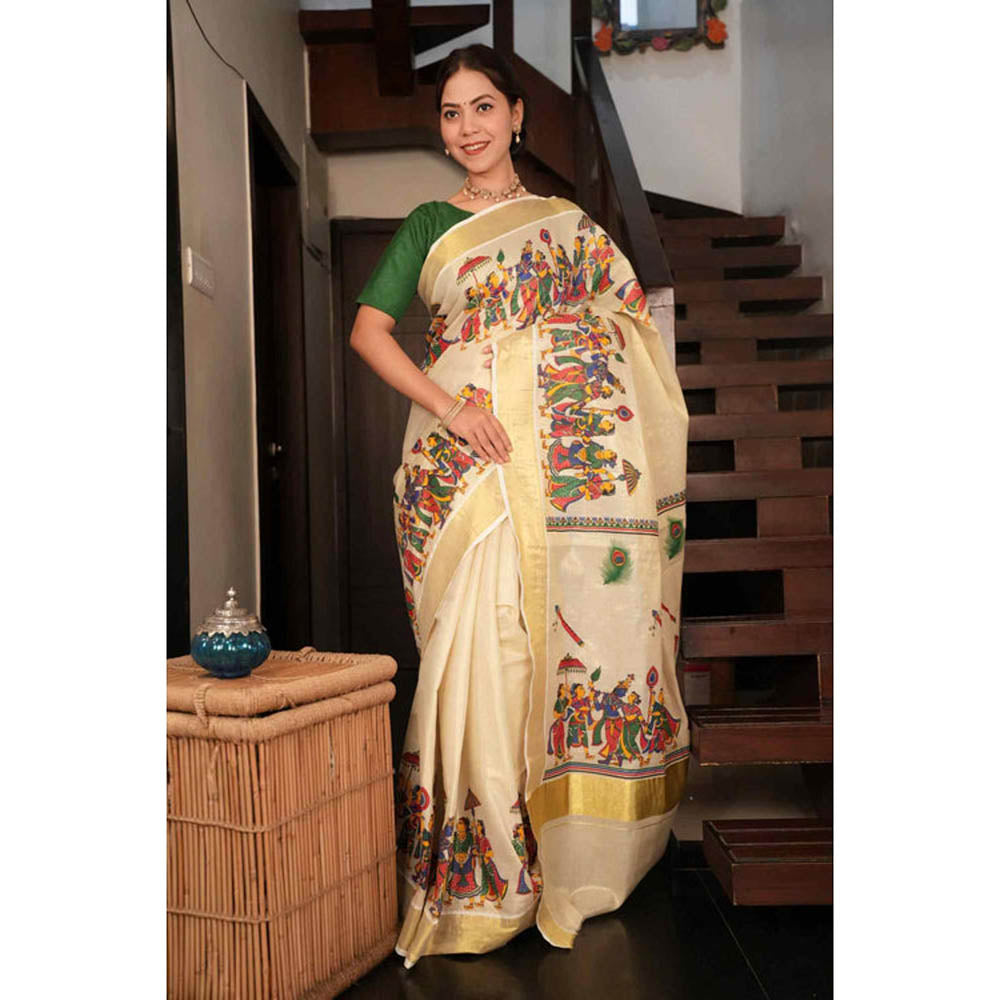 Isadora Life Womens Zari Printed Beige Pre-Draped Saree with Unstitched Blouse
