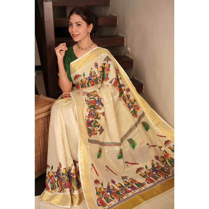 Isadora Life Womens Zari Printed Beige Pre-Draped Saree with Unstitched Blouse