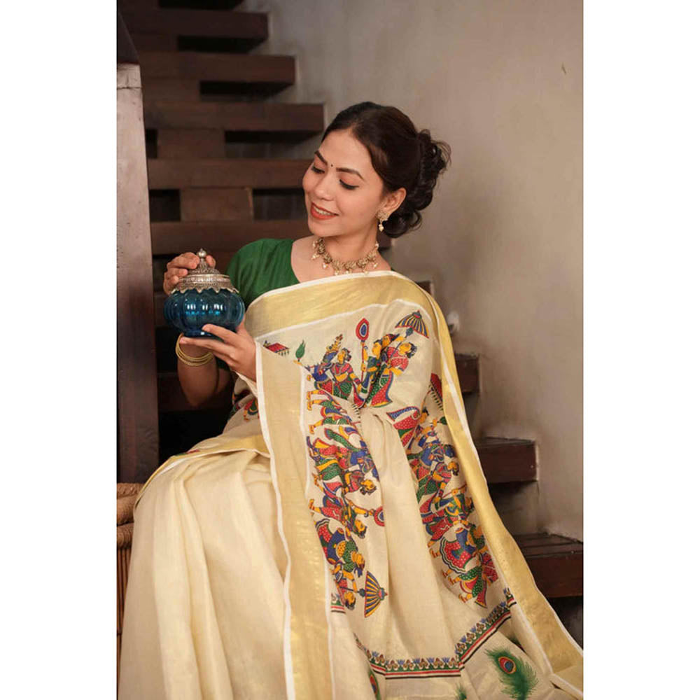 Isadora Life Womens Zari Printed Beige Pre-Draped Saree with Unstitched Blouse