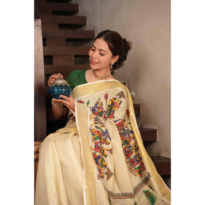 Isadora Life Womens Zari Printed Beige Pre-Draped Saree with Unstitched Blouse