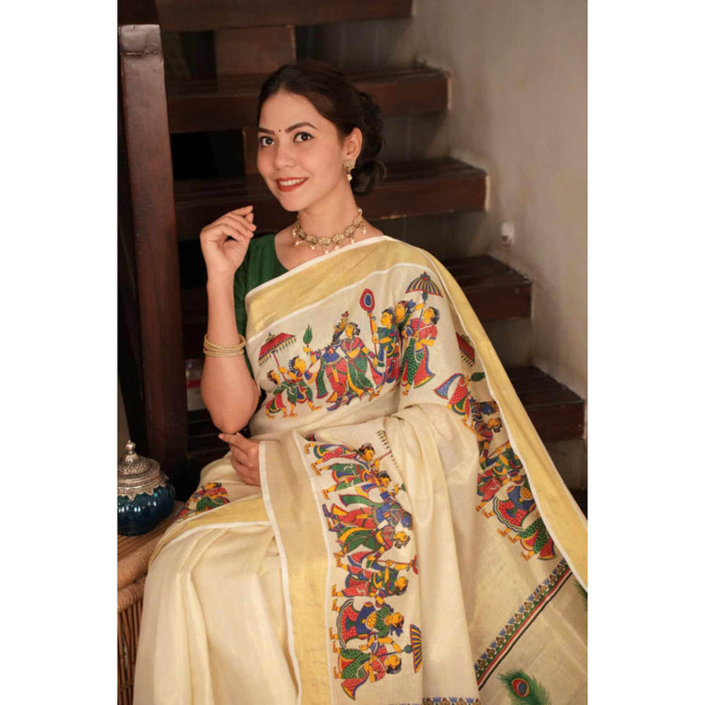 Isadora Life Womens Zari Printed Beige Pre-Draped Saree with Unstitched Blouse
