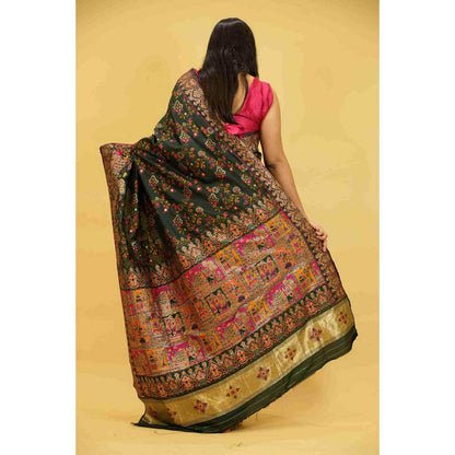 Isadora Life Womens Printed Green Pre-Draped Saree with Unstitched Blouse