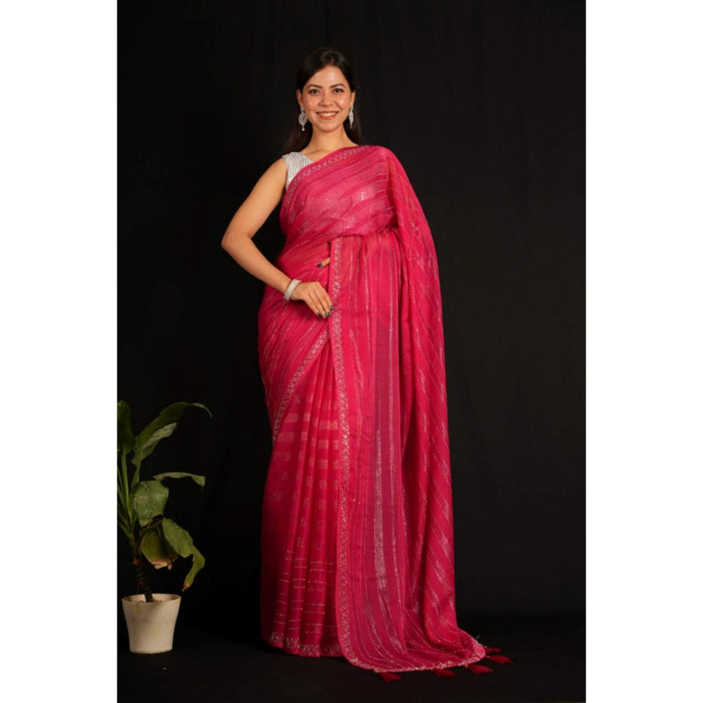 Isadora Life Womens Sequined Tassels Pink Pre-Draped Saree with Unstitched Blouse