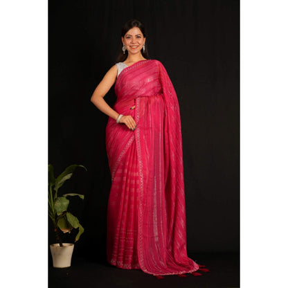 Isadora Life Womens Sequined Tassels Pink Pre-Draped Saree with Unstitched Blouse