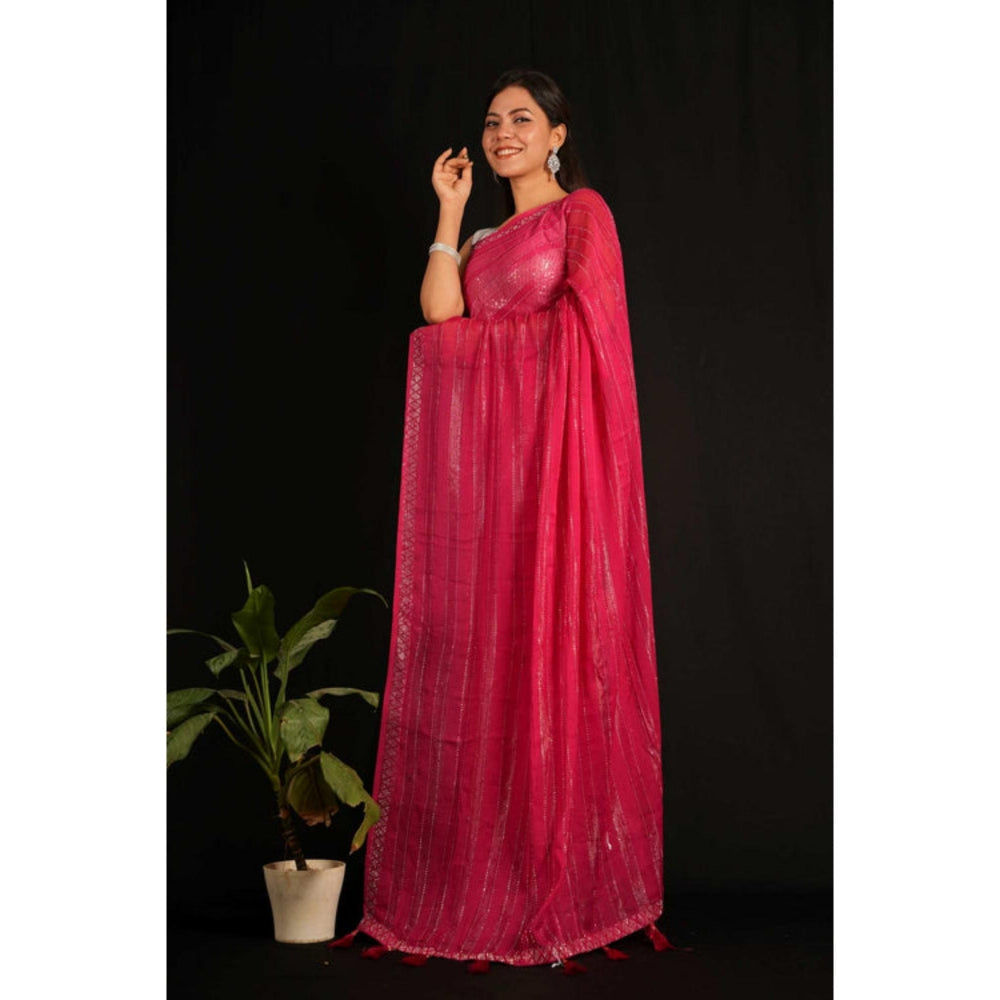 Isadora Life Womens Sequined Tassels Pink Pre-Draped Saree with Unstitched Blouse