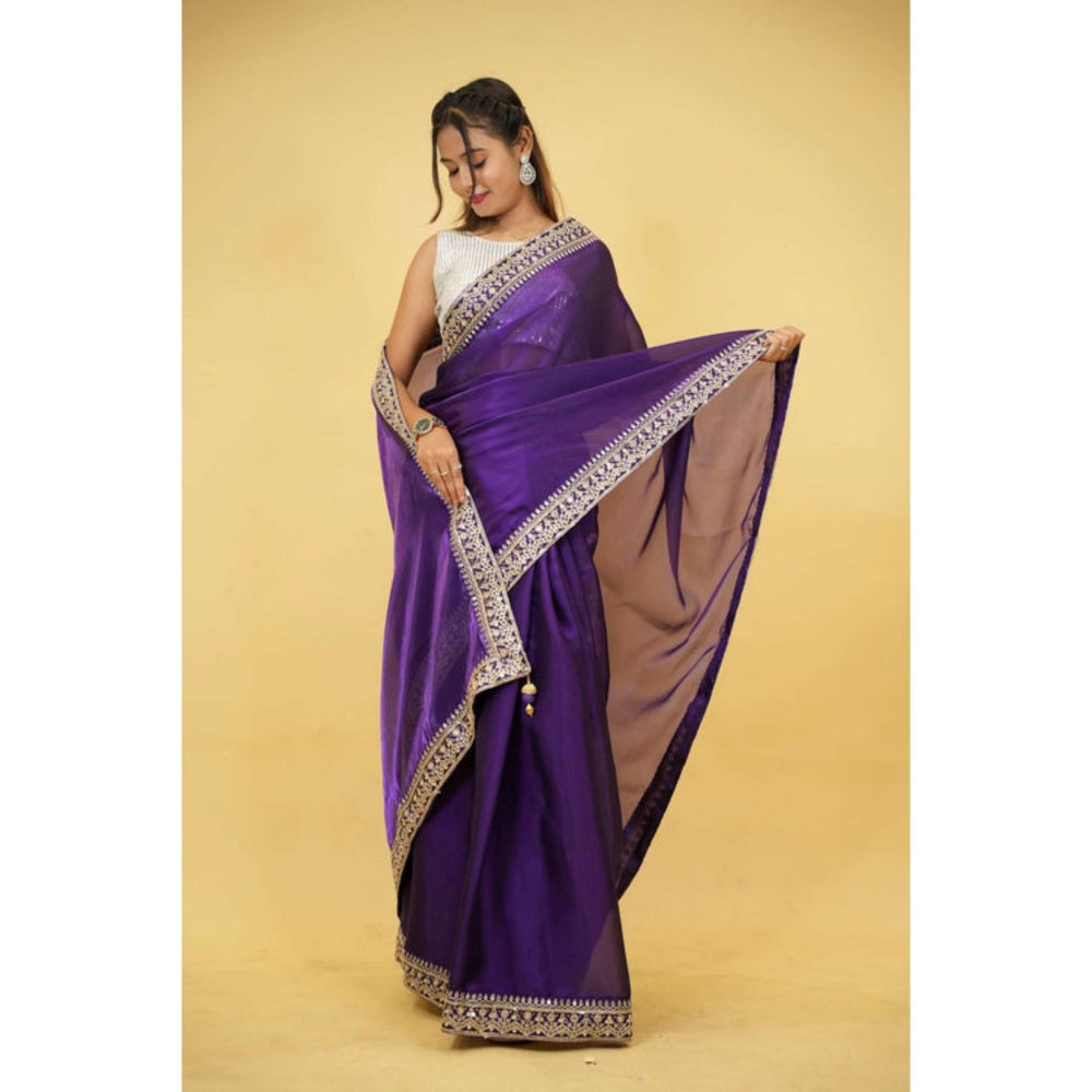 Isadora Life Womens Embroidered Sequined Purple Pre-Draped Saree with Unstitched Blouse