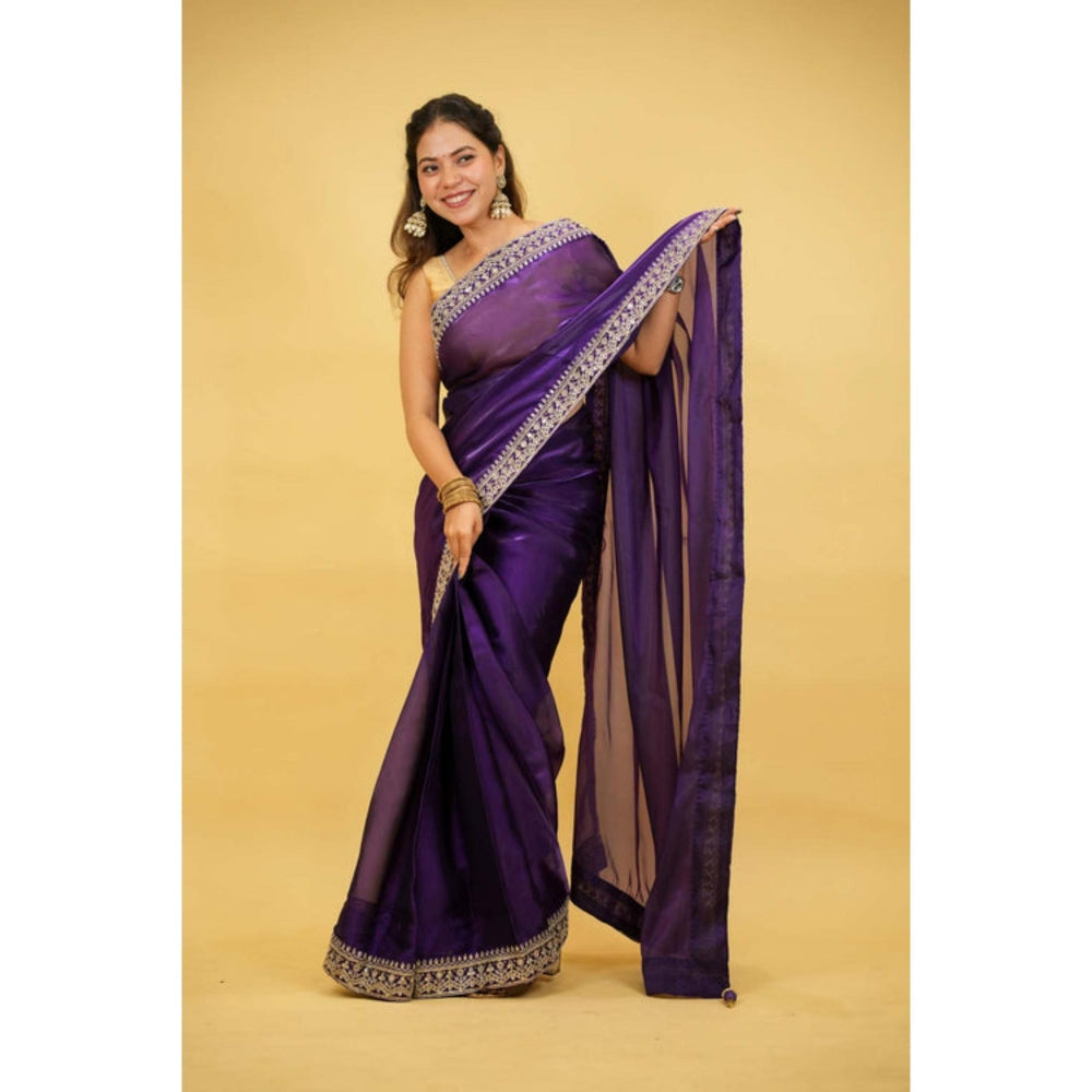Isadora Life Womens Embroidered Sequined Purple Pre-Draped Saree with Unstitched Blouse