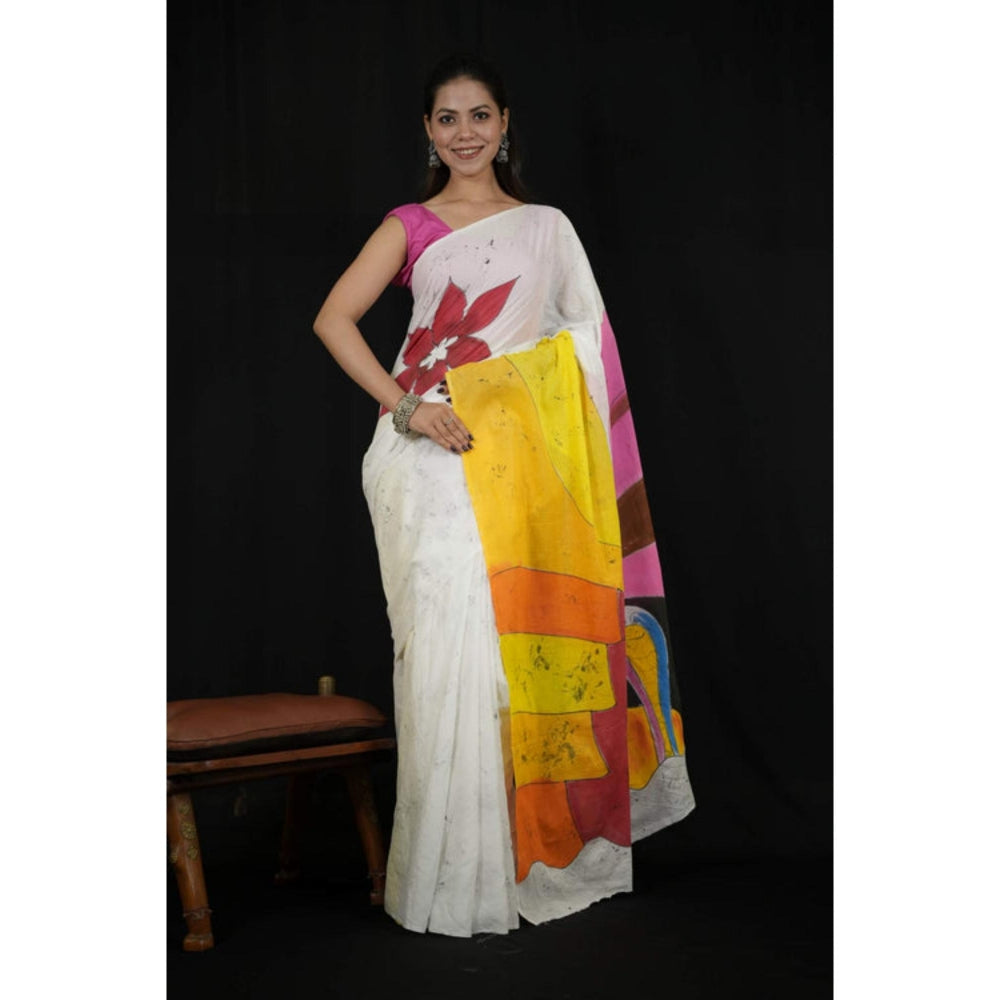 Isadora Life Womens Hand Painted White Pre-Draped Saree with Unstitched Blouse