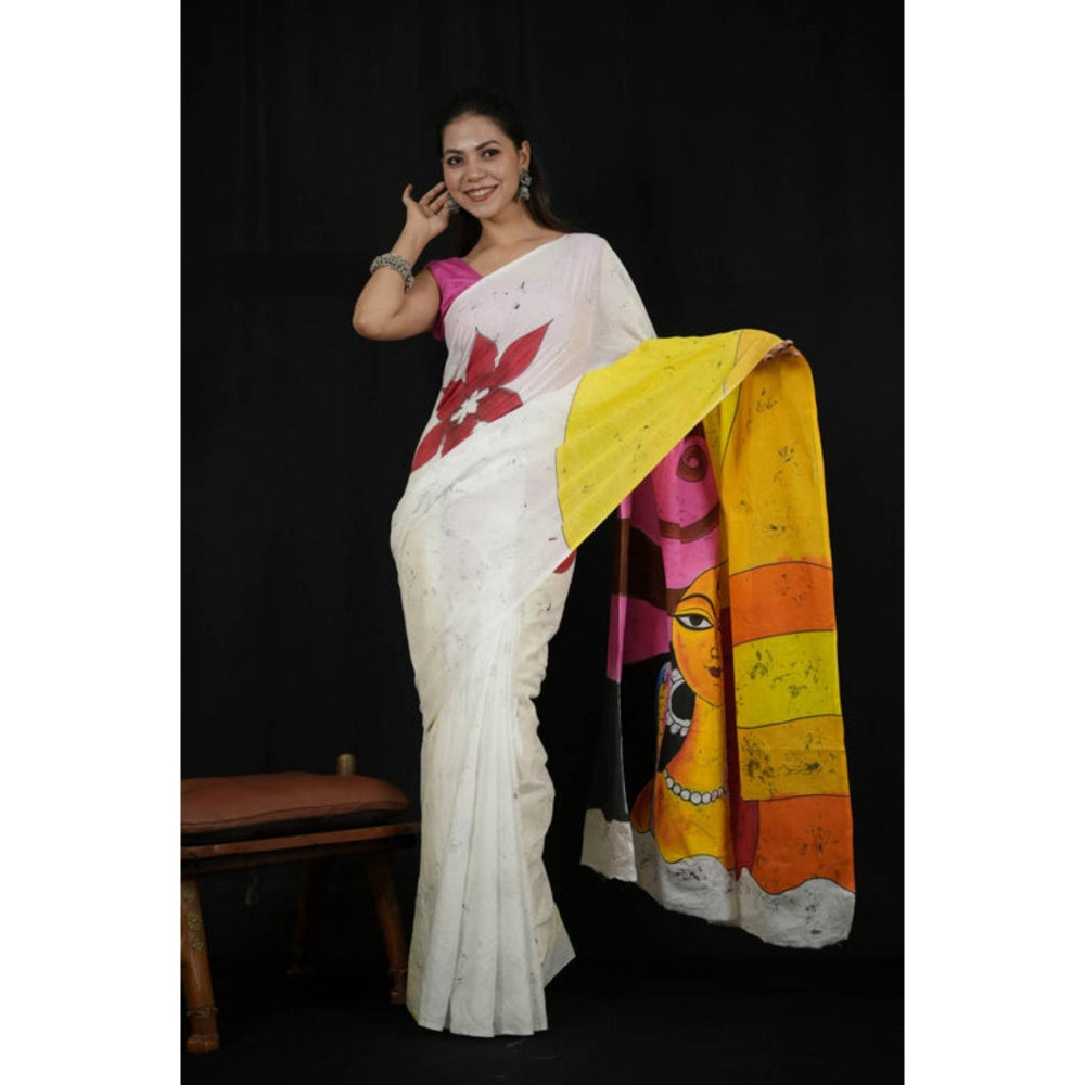 Isadora Life Womens Hand Painted White Pre-Draped Saree with Unstitched Blouse