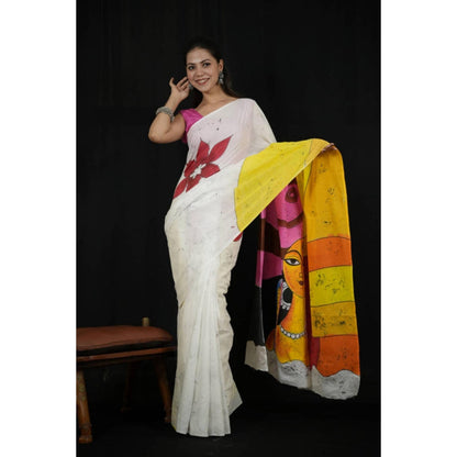 Isadora Life Womens Hand Painted White Pre-Draped Saree with Unstitched Blouse