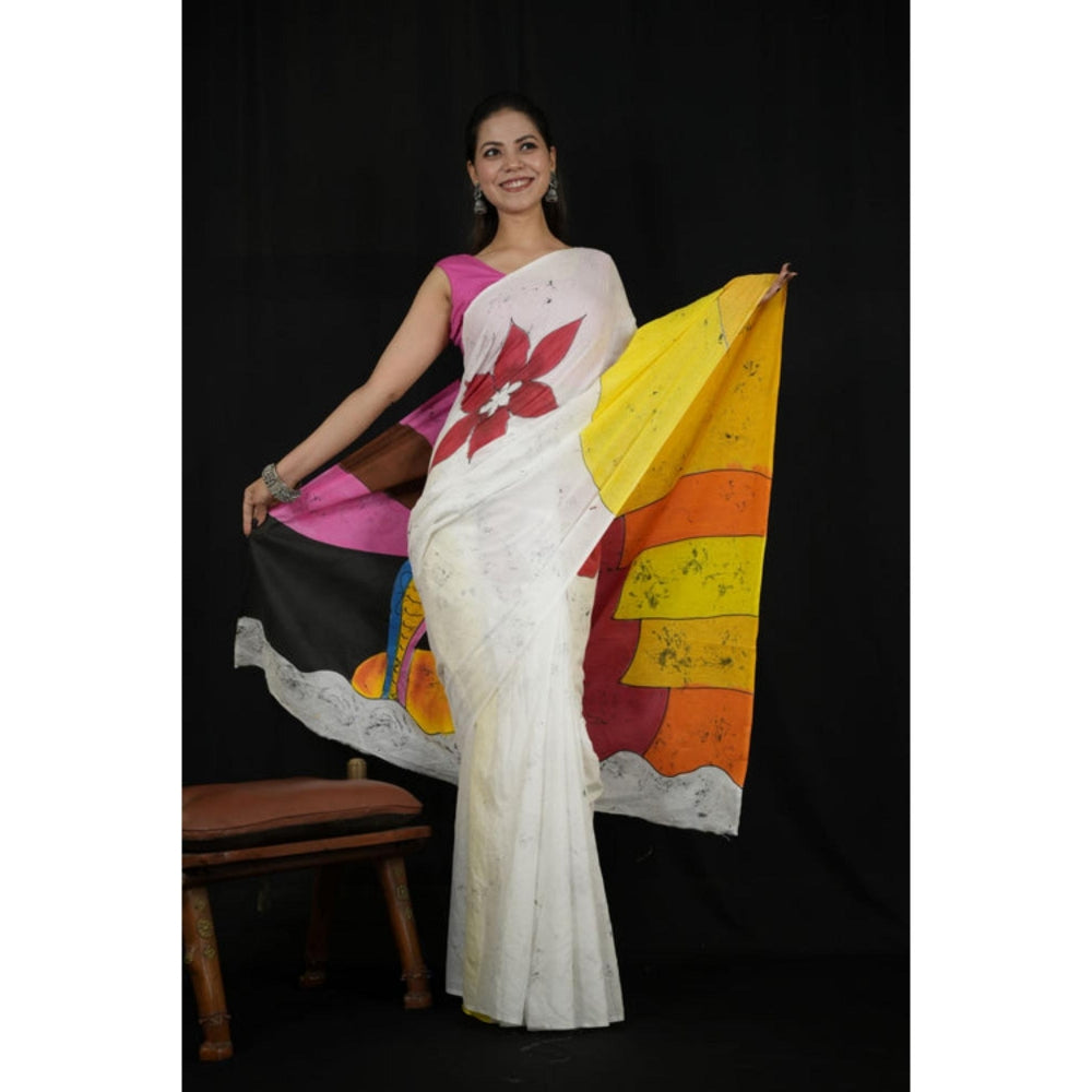 Isadora Life Womens Hand Painted White Pre-Draped Saree with Unstitched Blouse
