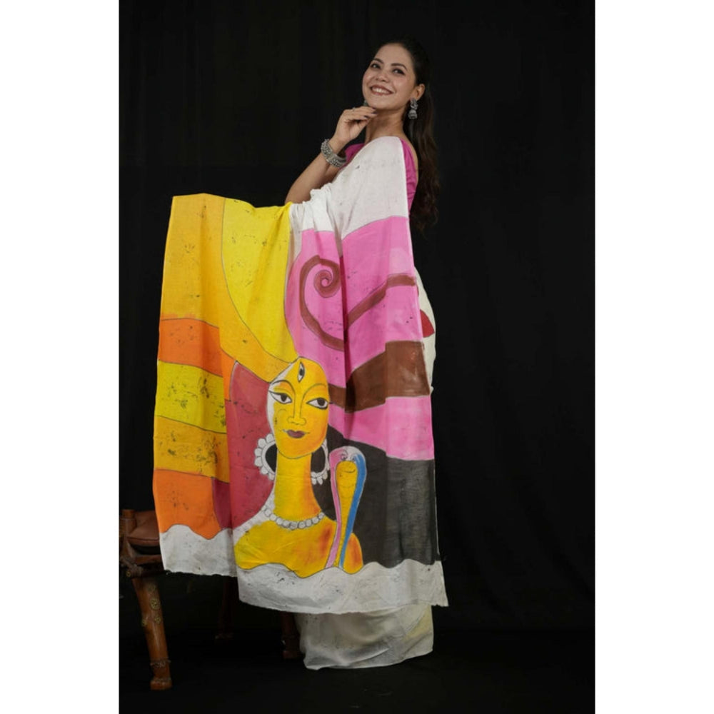 Isadora Life Womens Hand Painted White Pre-Draped Saree with Unstitched Blouse