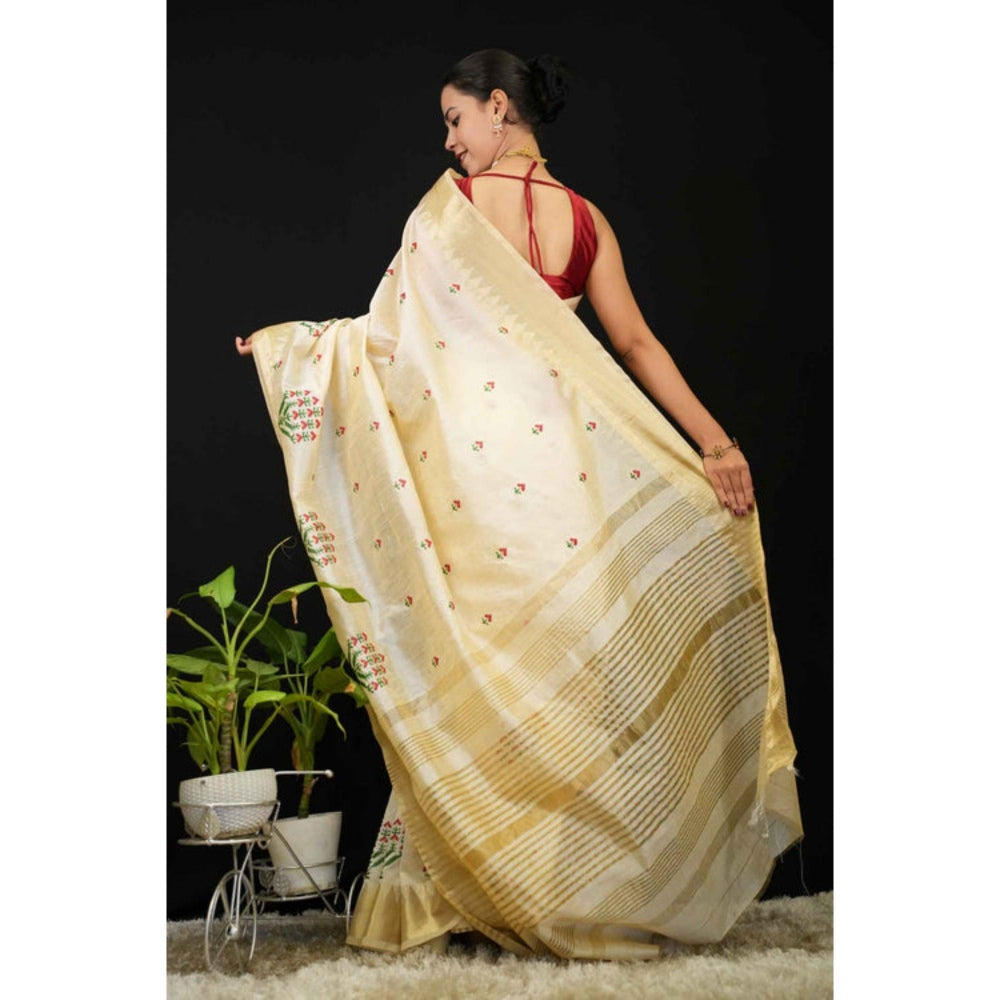 Isadora Life Womens Embroidered Zari Ivory Pre-Draped Saree with Unstitched Blouse