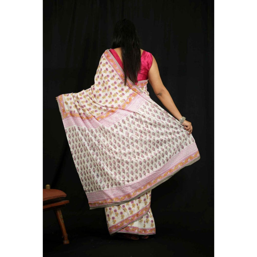 Isadora Life Womens Floral Printed White Pre-Draped Saree with Unstitched Blouse
