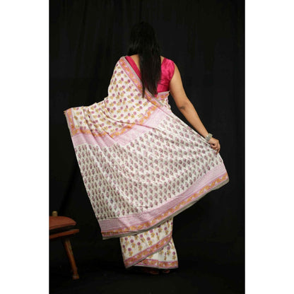 Isadora Life Womens Floral Printed White Pre-Draped Saree with Unstitched Blouse